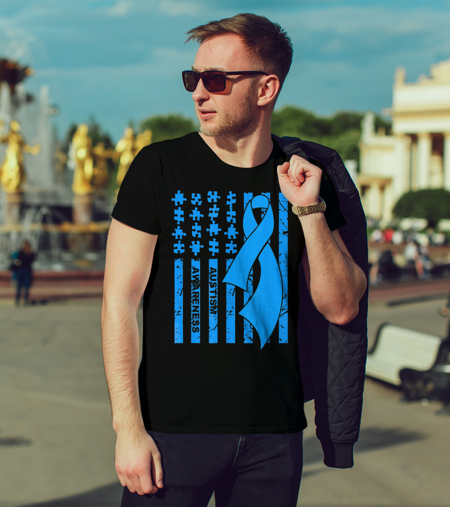 Autism Awareness Flag With Puzzle Pieces And Blue T-Shirt