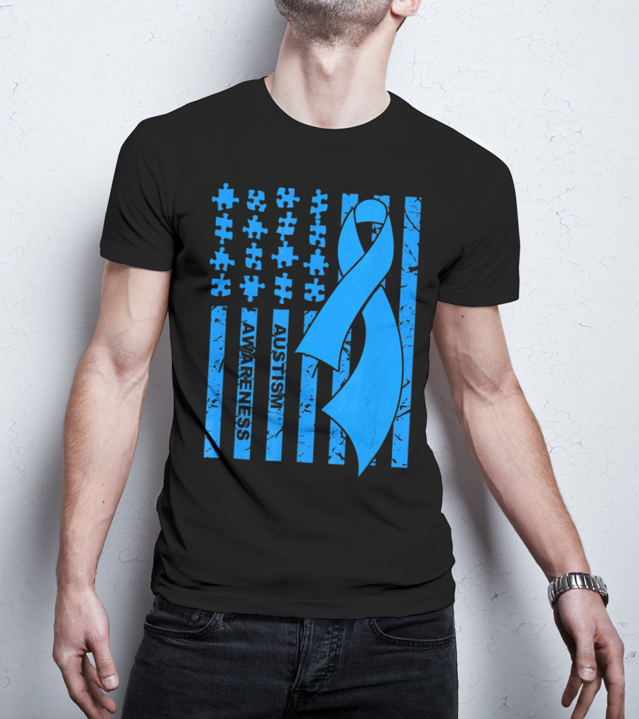 Autism Awareness Flag With Puzzle Pieces And Blue T-Shirt