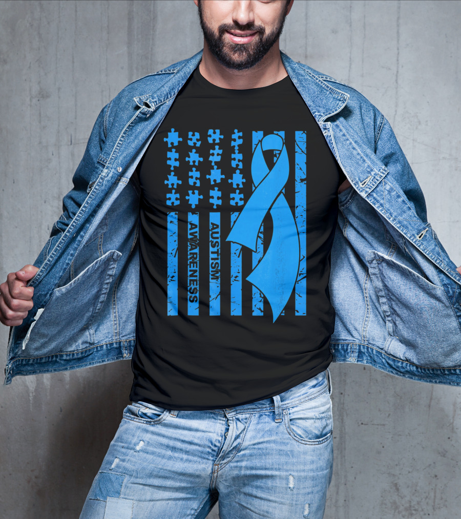 Autism Awareness Flag With Puzzle Pieces And Blue T-Shirt