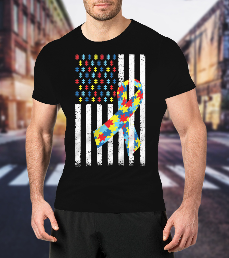 American Flag Puzzle Ribbon Autism Awareness T-Shirt