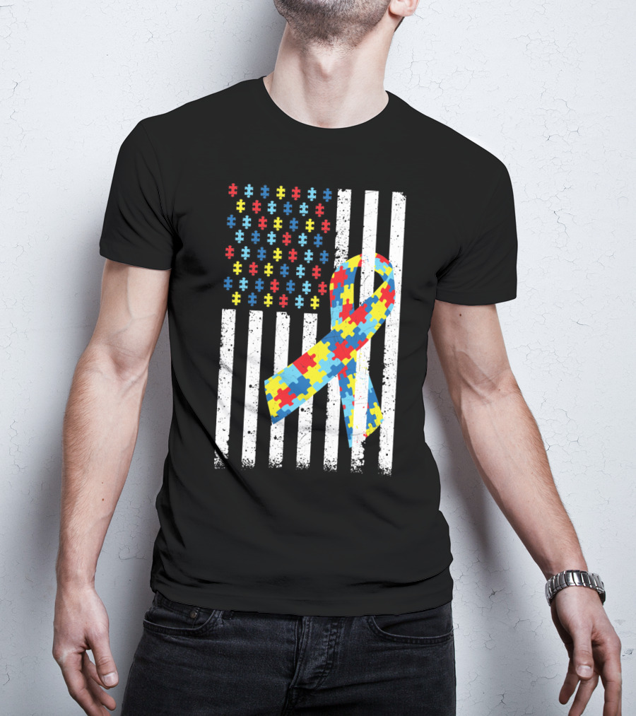 American Flag Puzzle Ribbon Autism Awareness T-Shirt