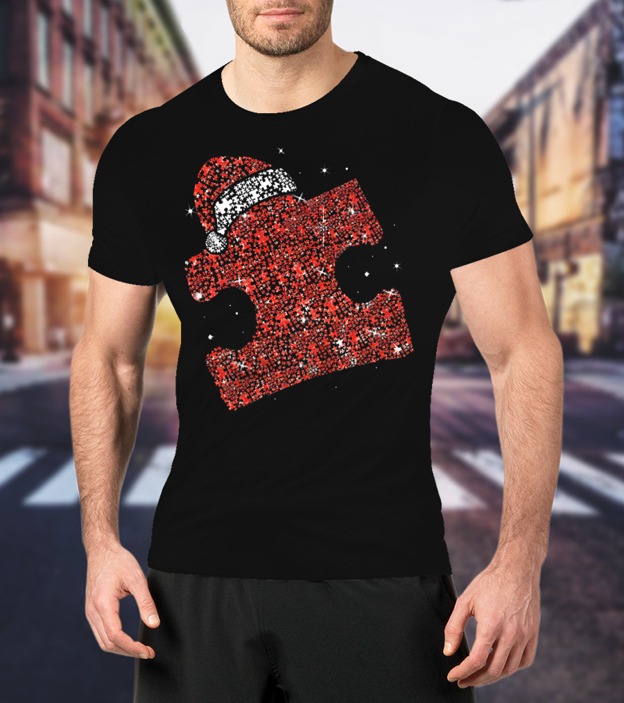 Autism Awareness Xmas Christmas Puzzle Piece With Santa Hat T-Shirt