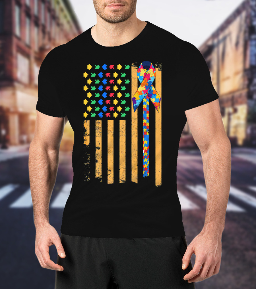 Autism Awareness Day American Flag Puzzle Ribbon T-Shirt