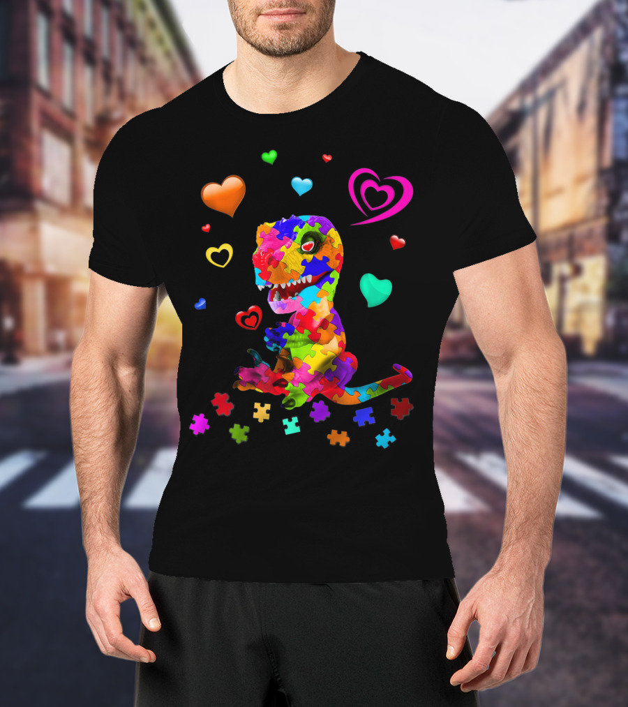 Autism Awareness Dinosaur Puzzle Pieces And Colorful Hearts T-Shirt
