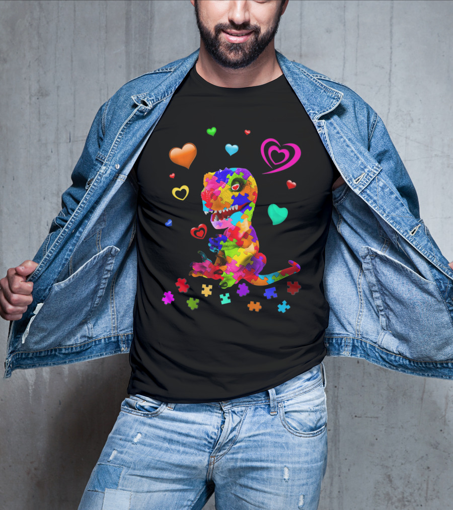 Autism Awareness Dinosaur Puzzle Pieces And Colorful Hearts T-Shirt