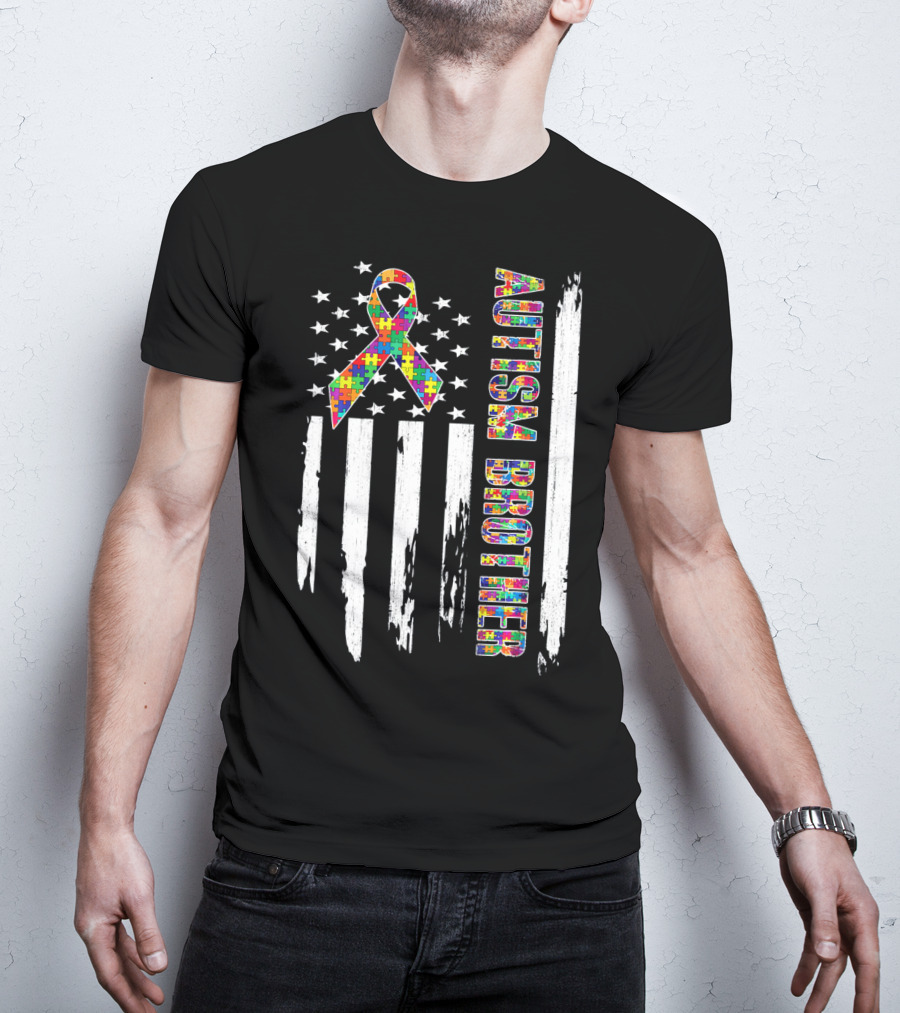 Autism Brother American Flag Puzzle Ribbon Stars Stripes T-Shirt