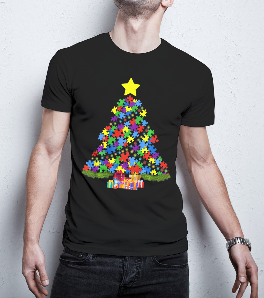 Autism Puzzle Piece Christmas Tree With Gifts And Star T-Shirt