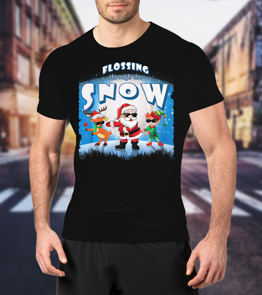 Flossing Through The Snow Santa Elf Reindeer T-Shirt