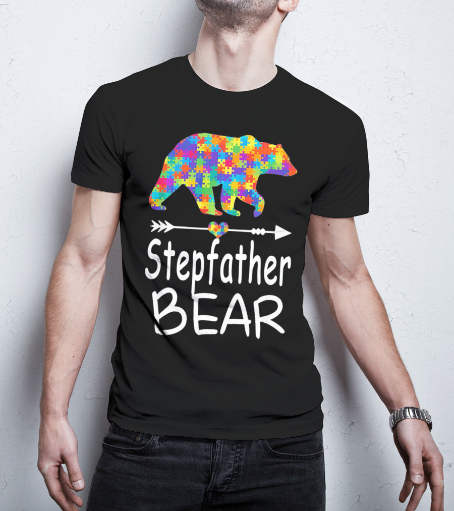 Stepfather Bear Puzzle Pattern Autism Awareness Family T-Shirt
