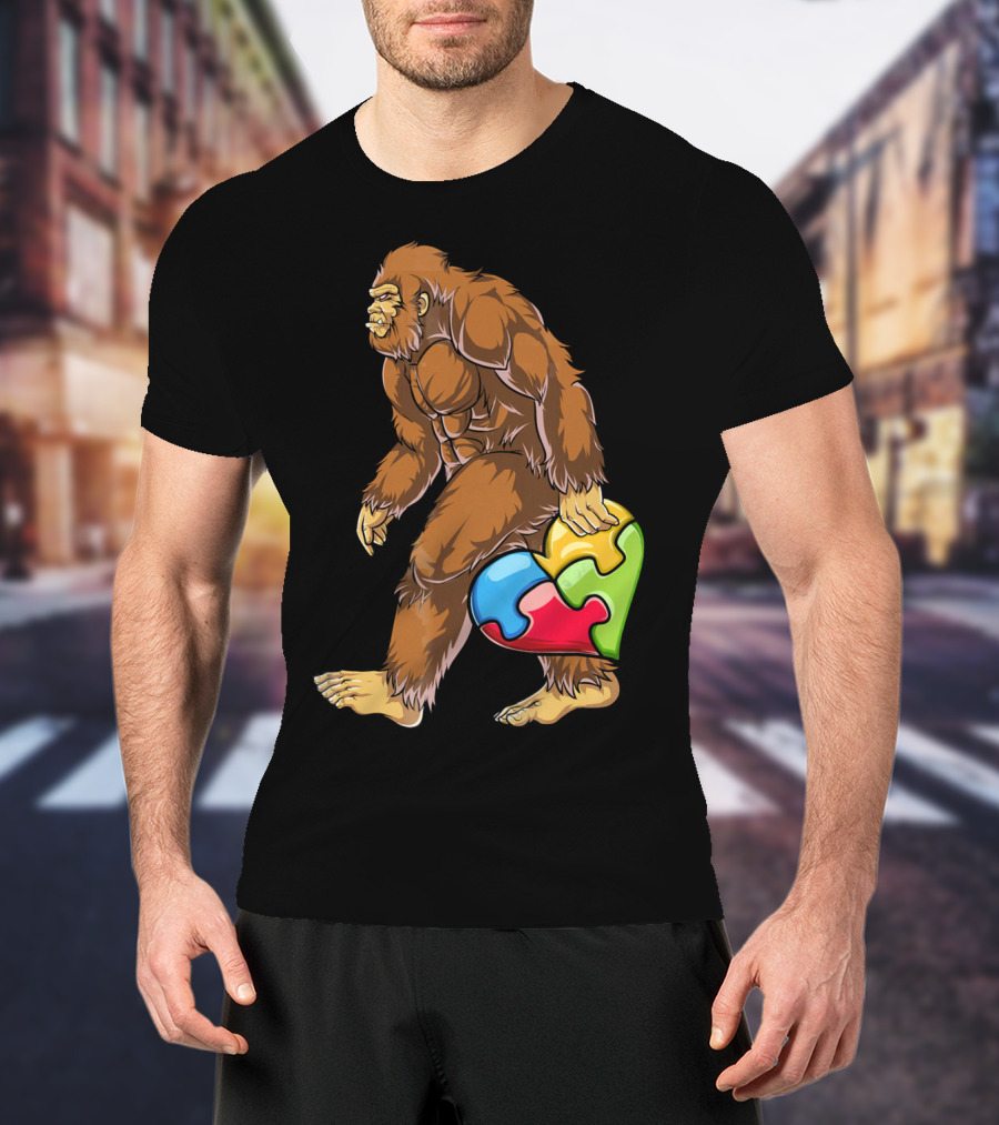 Bigfoot Holding Puzzle Piece Heart Autism Awareness T-Shirt