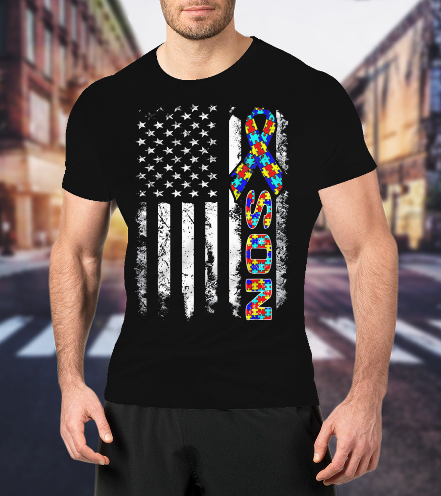 Son Autism Awareness Puzzle Ribbon American Flag T-Shirt