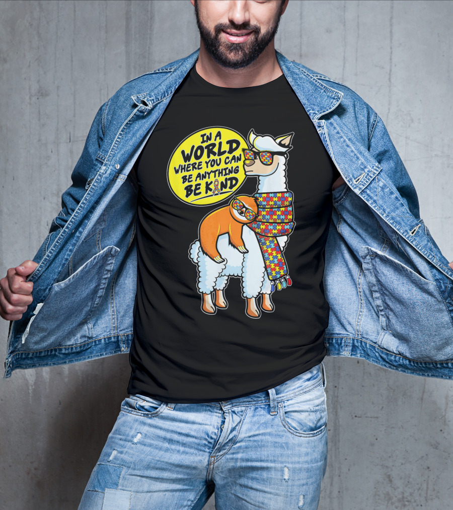 In A World Where You Can Be Anything Be Kind Autism Awareness Sloth Riding Llama T-Shirt