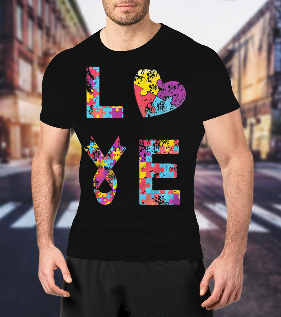Autism Awareness Love Puzzle Heart Ribbon Design For Women Men Kids Rib T-Shirt