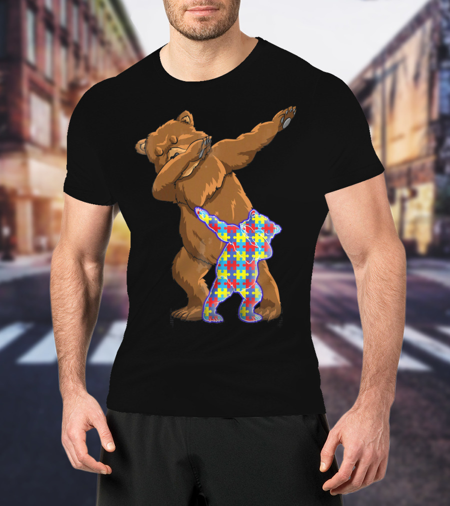 Dabbing Mama Bear With Autism Puzzle Pattern Cub T-Shirt