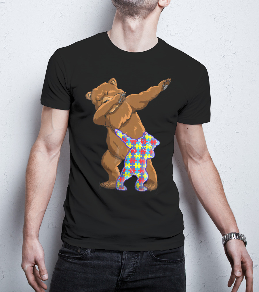 Dabbing Mama Bear With Autism Puzzle Pattern Cub T-Shirt