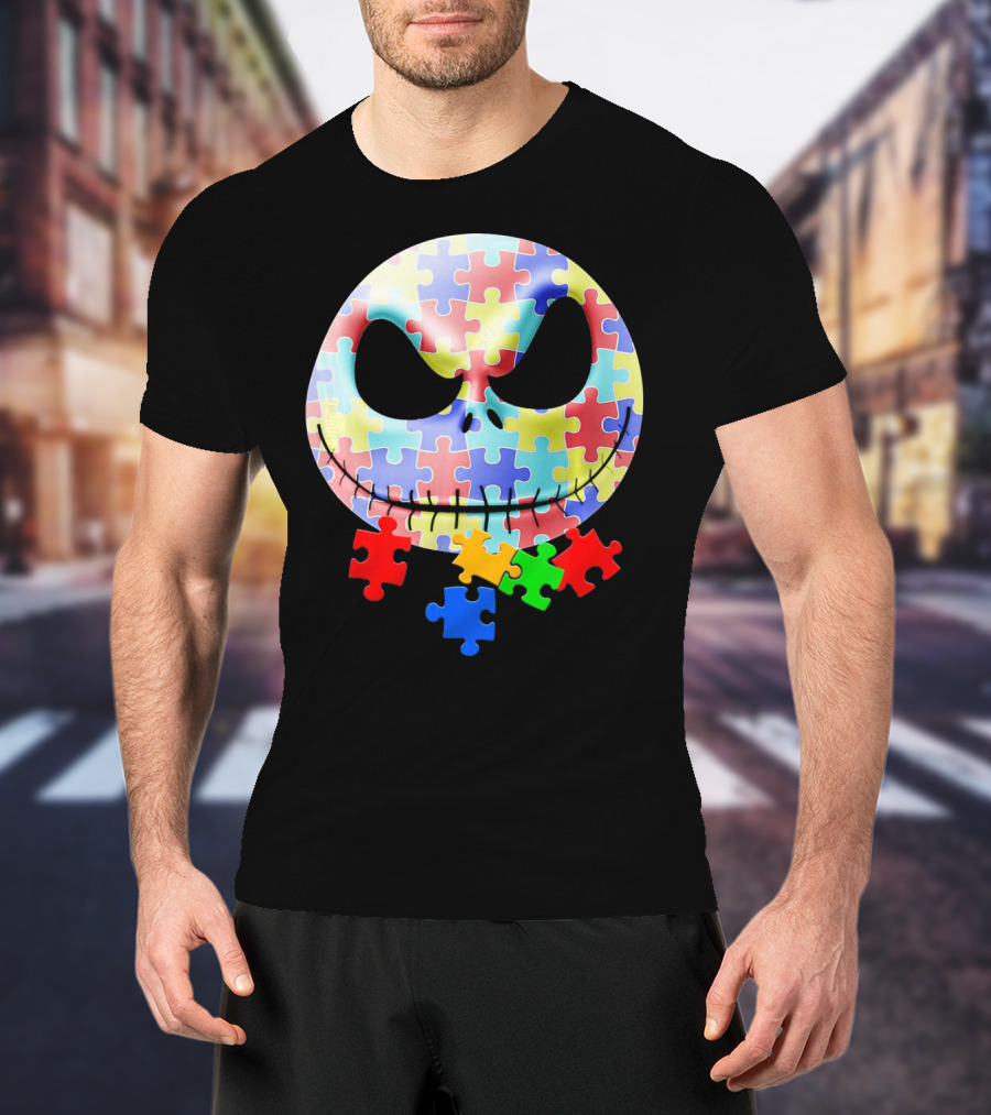 Jacks Skellingtons Faces Autism Awareness Puzzle T-Shirt