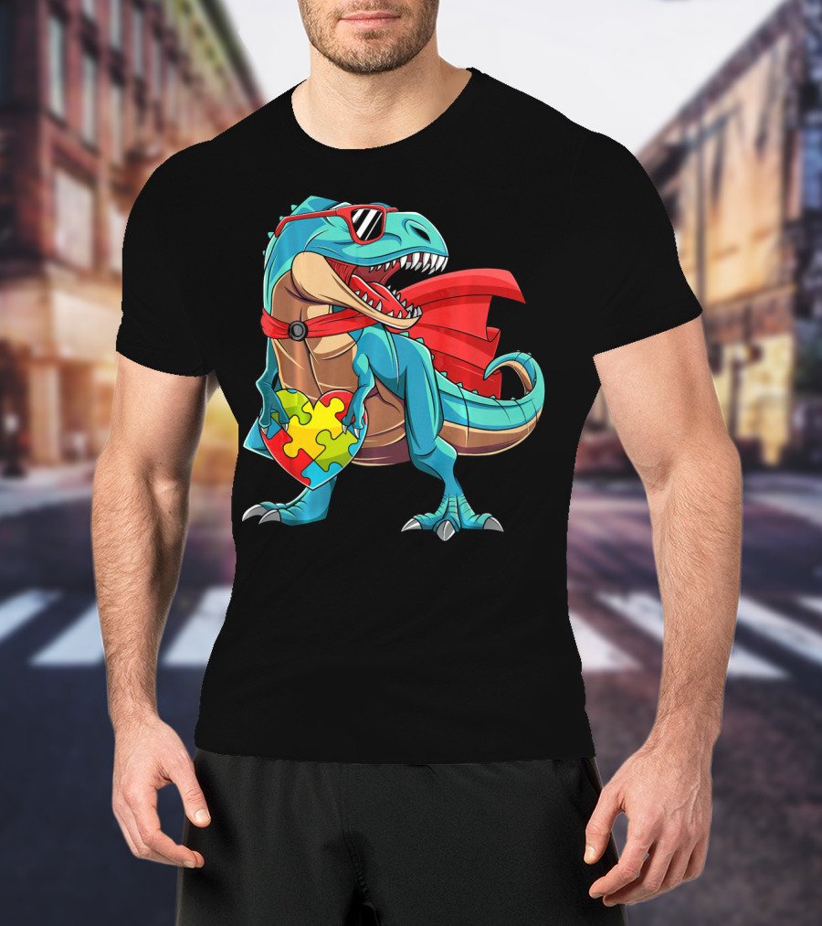 Autism Awareness Dinosaur Puzzle With Superhero Cape And Sunglasses T-Shirt