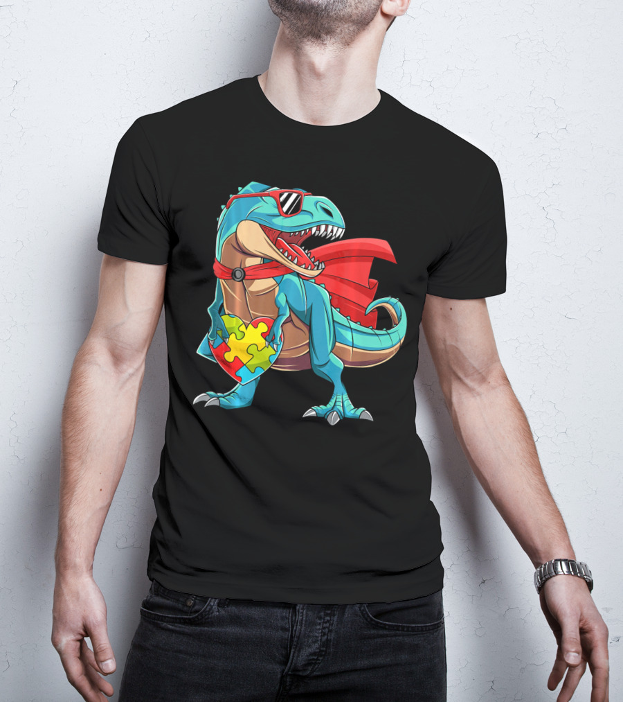 Autism Awareness Dinosaur Puzzle With Superhero Cape And Sunglasses T-Shirt