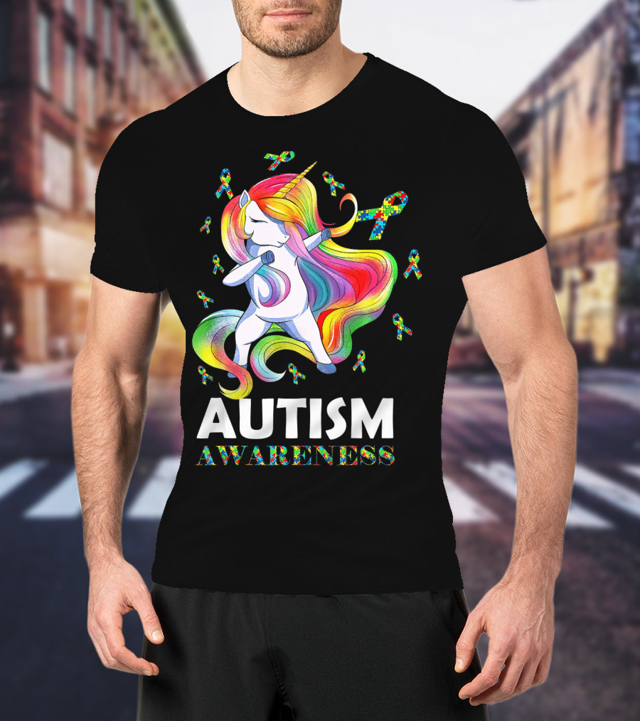 Autism Awareness Dabbing Unicorn With Colorful Puzzle Ribbons T-Shirt