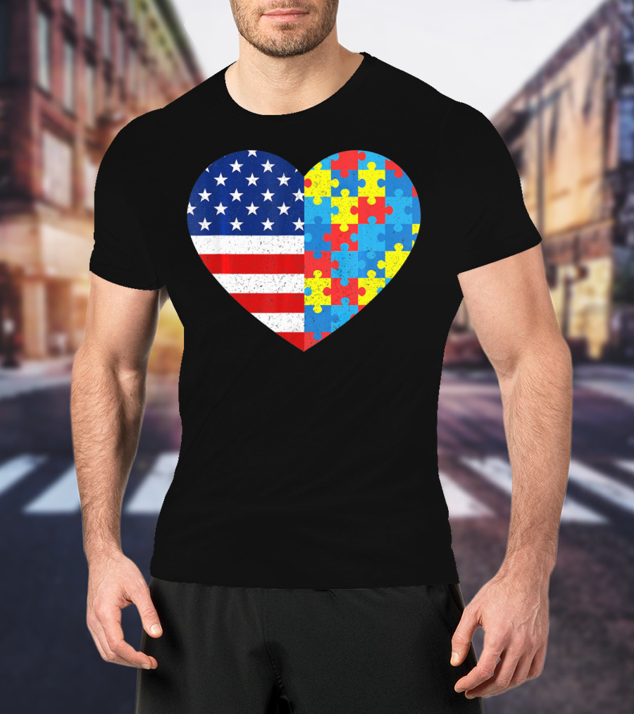 American Flag Heart Autism Awareness Puzzle Piece T-Shirt