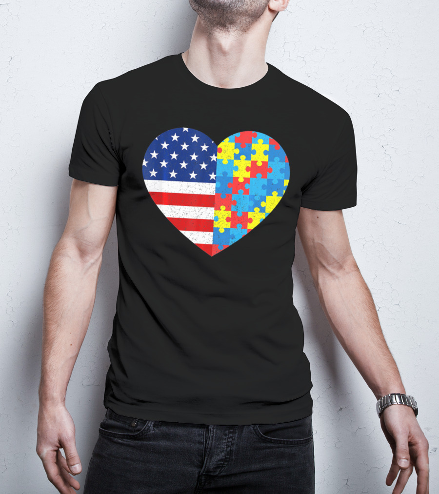 American Flag Heart Autism Awareness Puzzle Piece T-Shirt