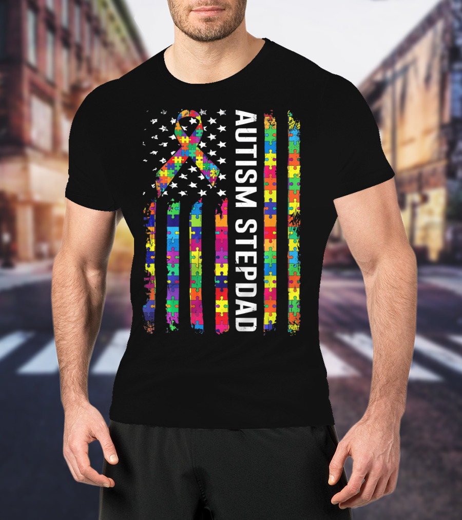 Autism Stepdad American Flag Puzzle T-Shirt