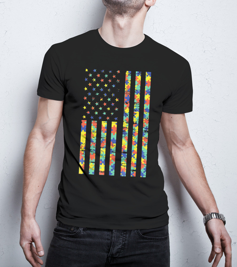 American Flag Puzzle Autism Awareness Stars T-Shirt