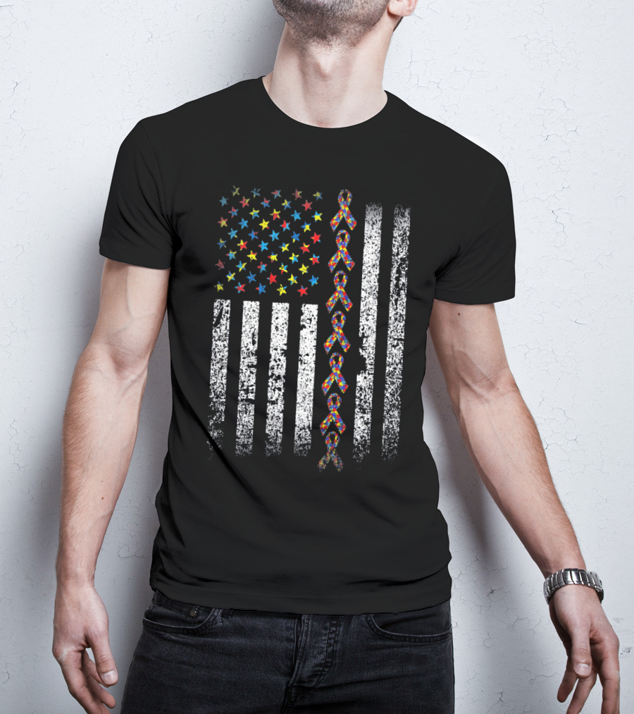 USA Flag With Autism Awareness Ribbon T-Shirt
