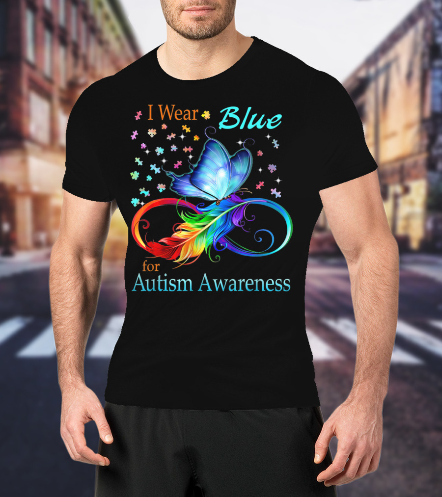 I Wear Blue For Autism Awareness Butterfly Ribbon Puzzle Pieces T-Shirt
