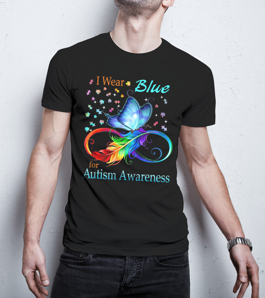 I Wear Blue For Autism Awareness Butterfly Ribbon Puzzle Pieces T-Shirt