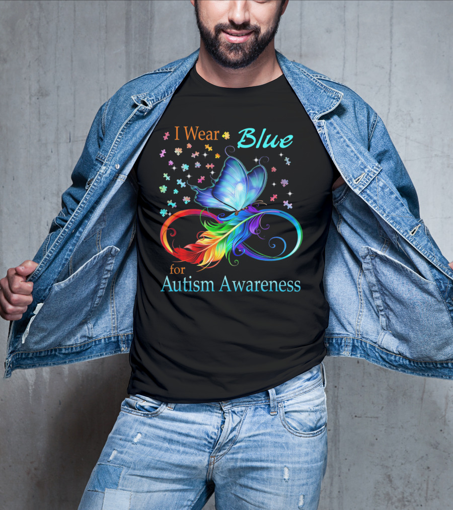 I Wear Blue For Autism Awareness Butterfly Ribbon Puzzle Pieces T-Shirt
