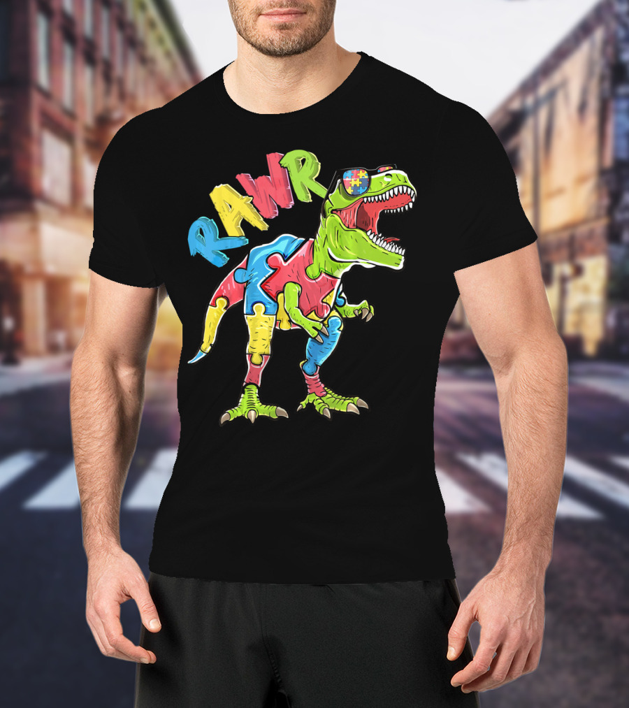 RAWR Rex Dinosaur Autism Awareness Puzzle Piece T-Shirt