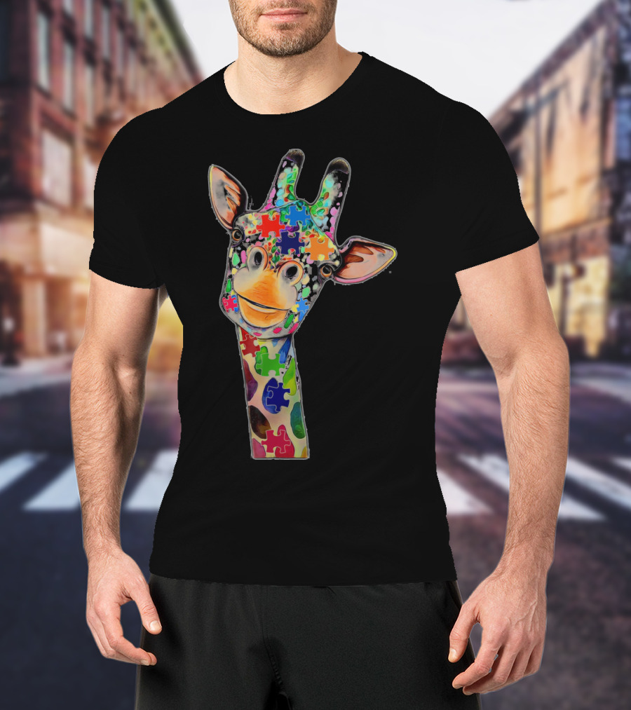 Cute Giraffe With Colorful Puzzle Pieces For Happy Autism Day Awareness T-Shirt