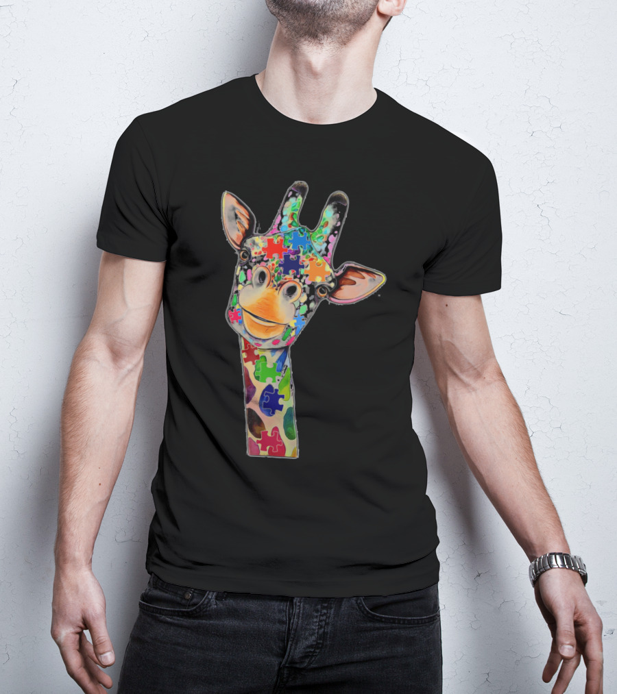 Cute Giraffe With Colorful Puzzle Pieces For Happy Autism Day Awareness T-Shirt