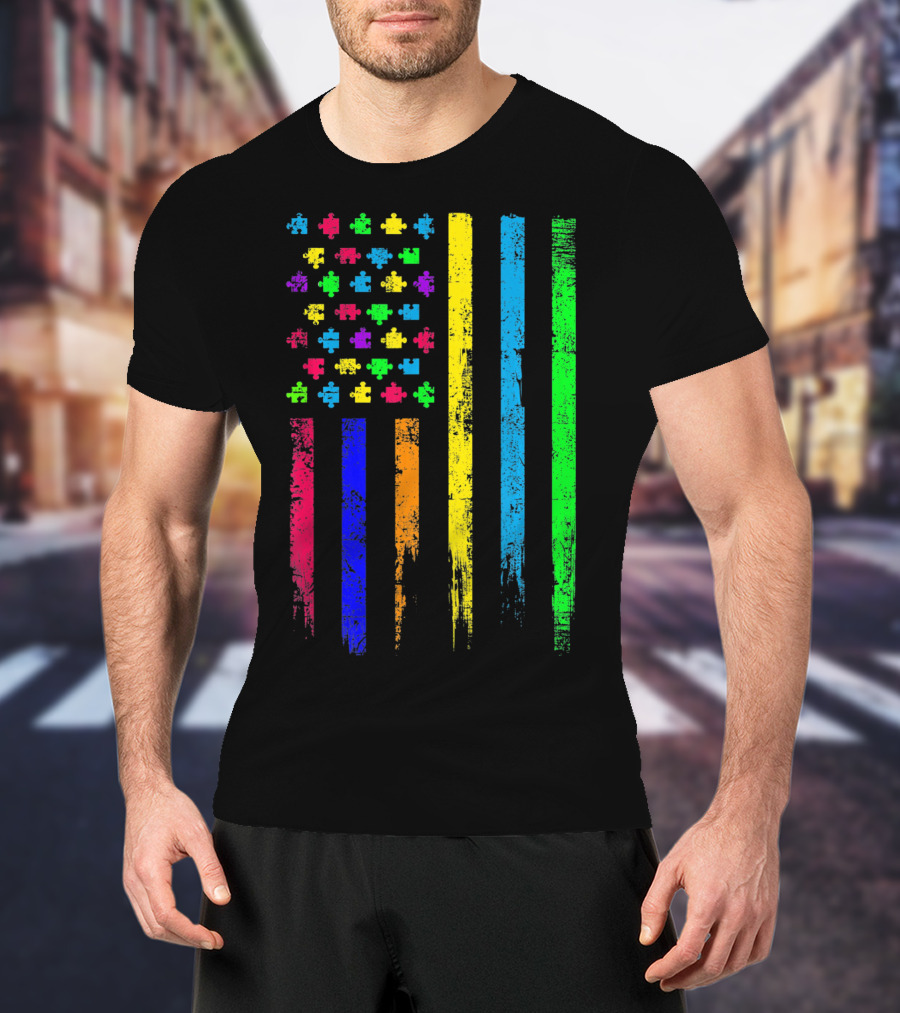 USA Flag Puzzle Pieces Rainbow Stripes T-Shirt