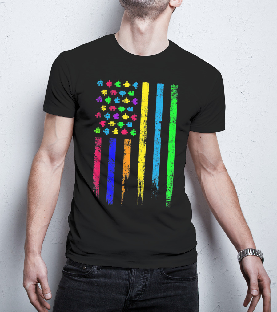 USA Flag Puzzle Pieces Rainbow Stripes T-Shirt