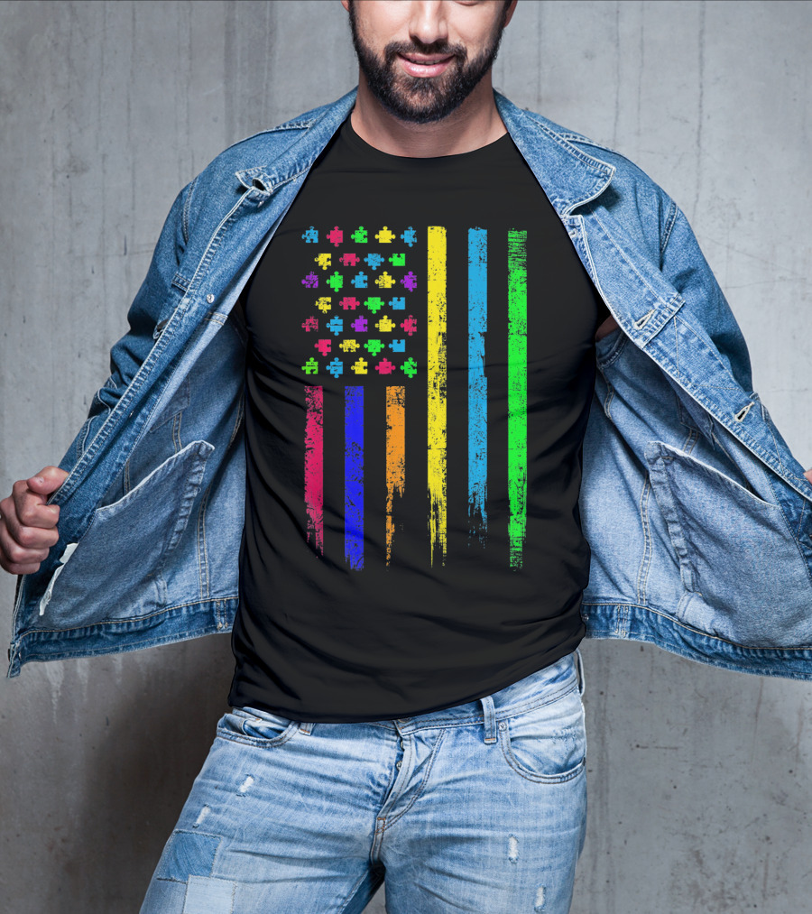 USA Flag Puzzle Pieces Rainbow Stripes T-Shirt