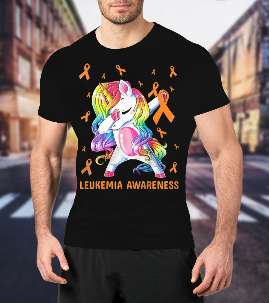 Rainbow Unicorn Dabbing Leukemia Awareness Orange T-Shirt
