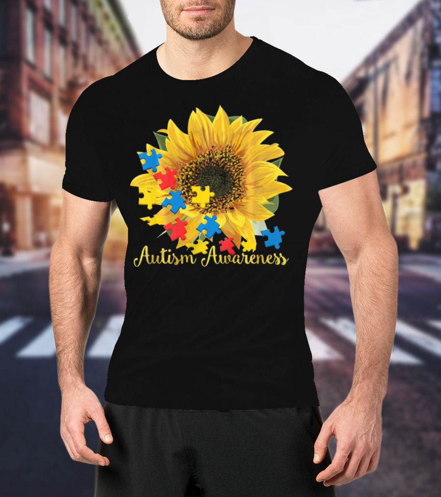 Autism Awareness Sunflower With Puzzle Pieces T-Shirt