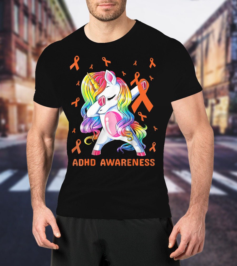 ADHD Awareness Dabbing Unicorn With Rainbow Mane And Orange Ribbons T-Shirt