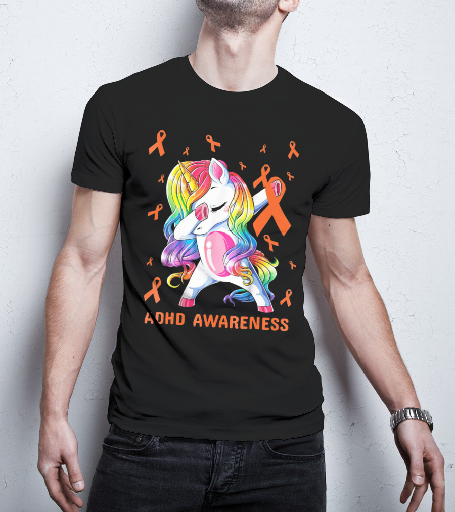 ADHD Awareness Dabbing Unicorn With Rainbow Mane And Orange Ribbons T-Shirt