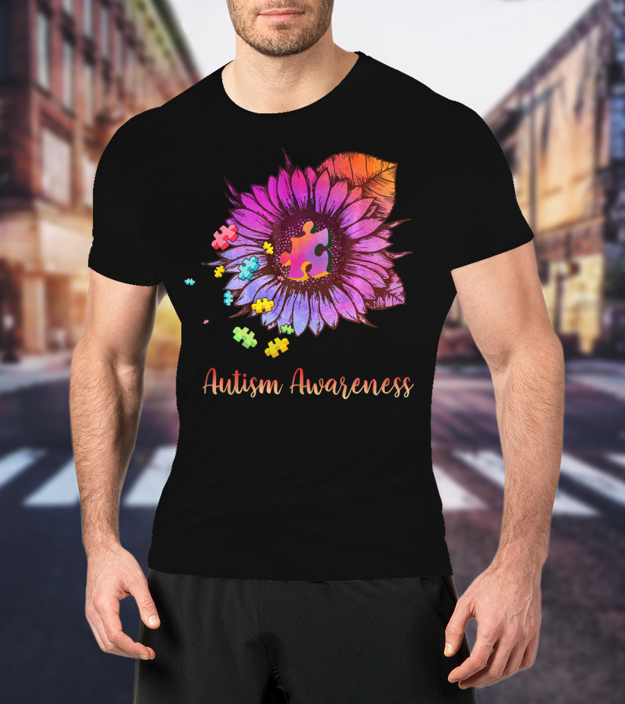 Autism Awareness Puzzle Ribbon Sunflower Hippie T-Shirt