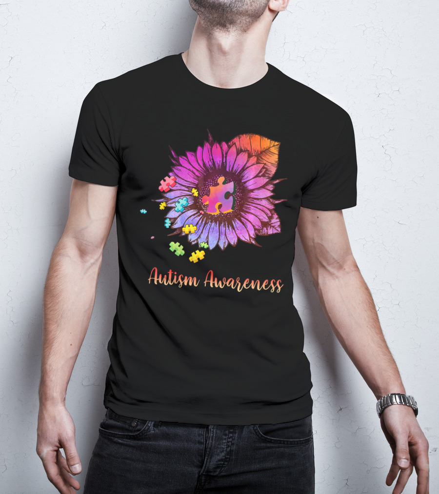 Autism Awareness Puzzle Ribbon Sunflower Hippie T-Shirt