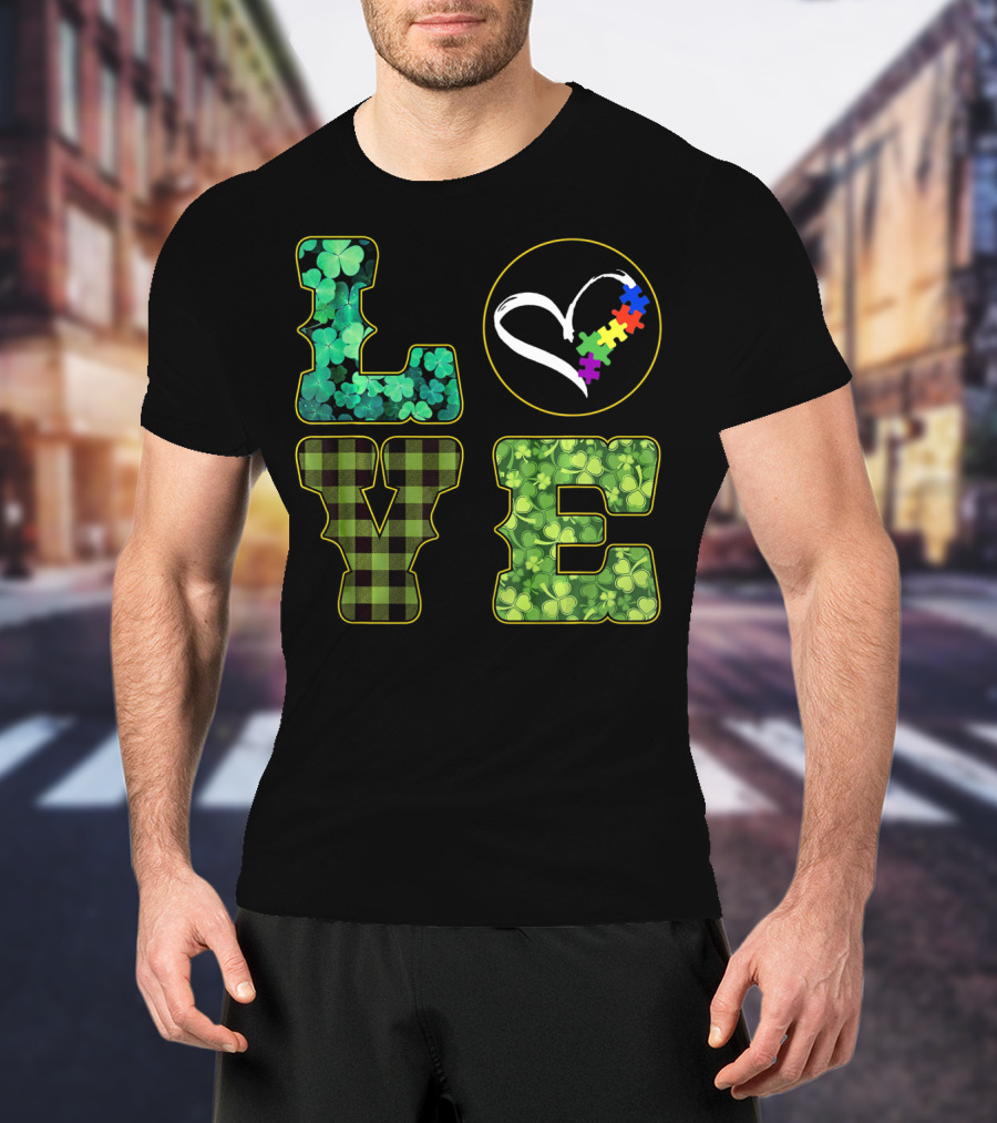 LOVE Shamrocks Plaid Heart Puzzle Autism Awareness St. Patrick's Day T-Shirt