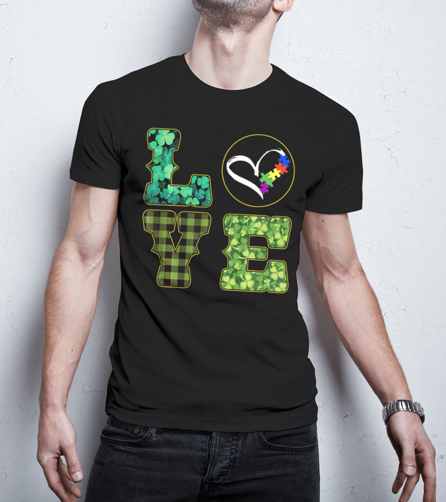 LOVE Shamrocks Plaid Heart Puzzle Autism Awareness St. Patrick's Day T-Shirt