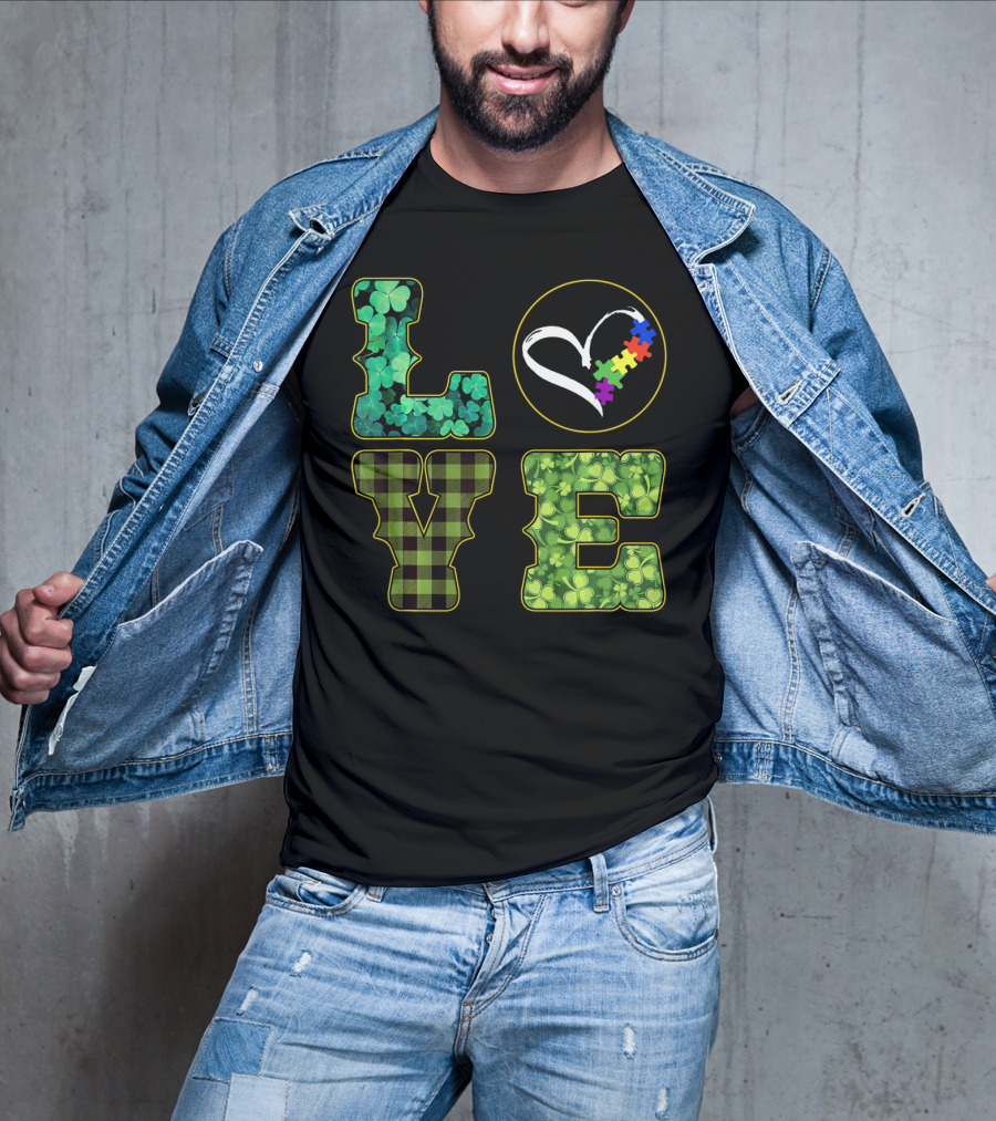 LOVE Shamrocks Plaid Heart Puzzle Autism Awareness St. Patrick's Day T-Shirt
