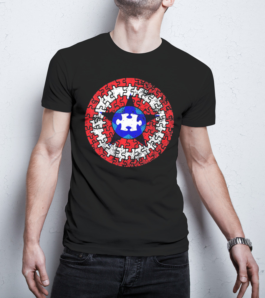 Captain Autism Superhero Shield Awareness Puzzle Star Emblem T-Shirt