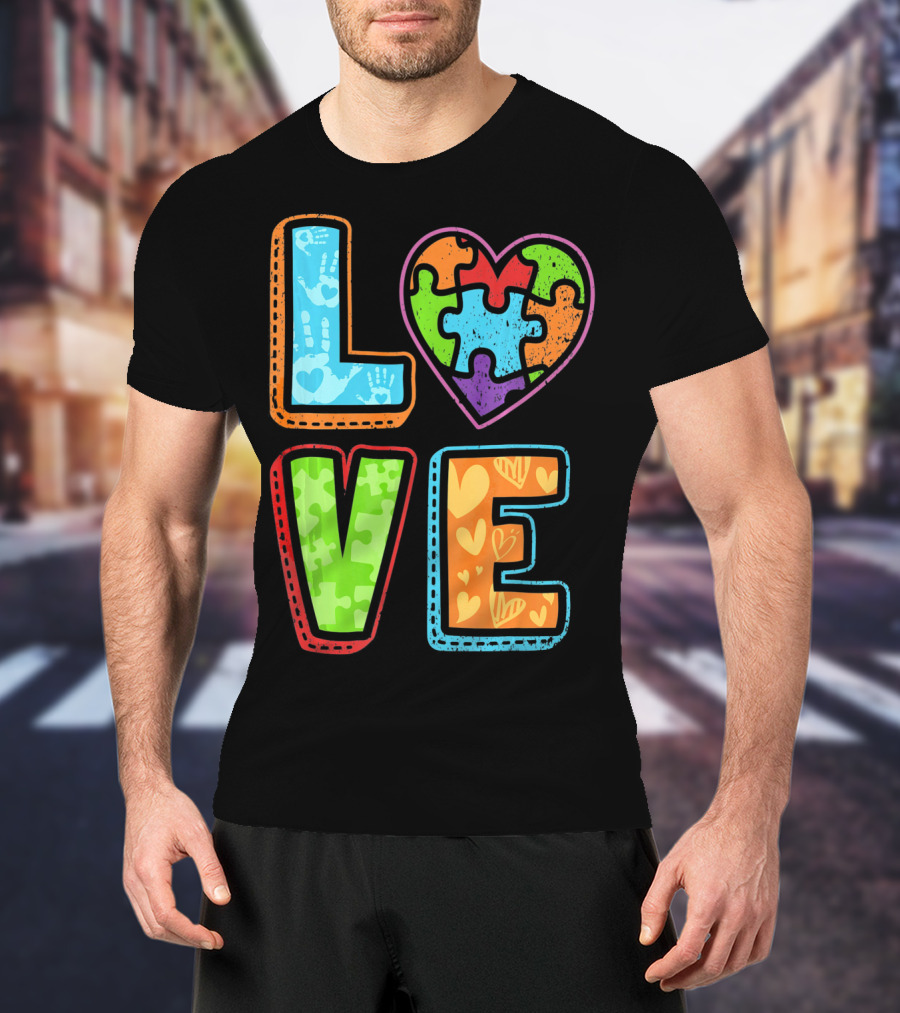LOVE Heart Autism Awareness Puzzle Handprints T-Shirt
