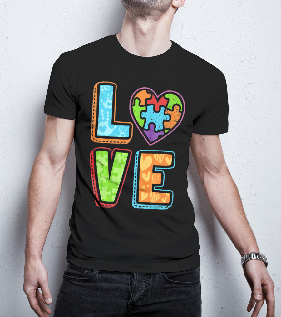 LOVE Heart Autism Awareness Puzzle Handprints T-Shirt