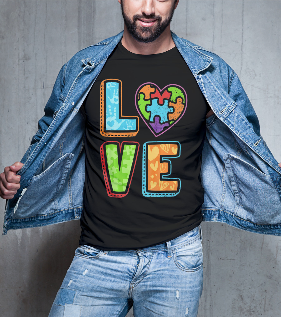 LOVE Heart Autism Awareness Puzzle Handprints T-Shirt